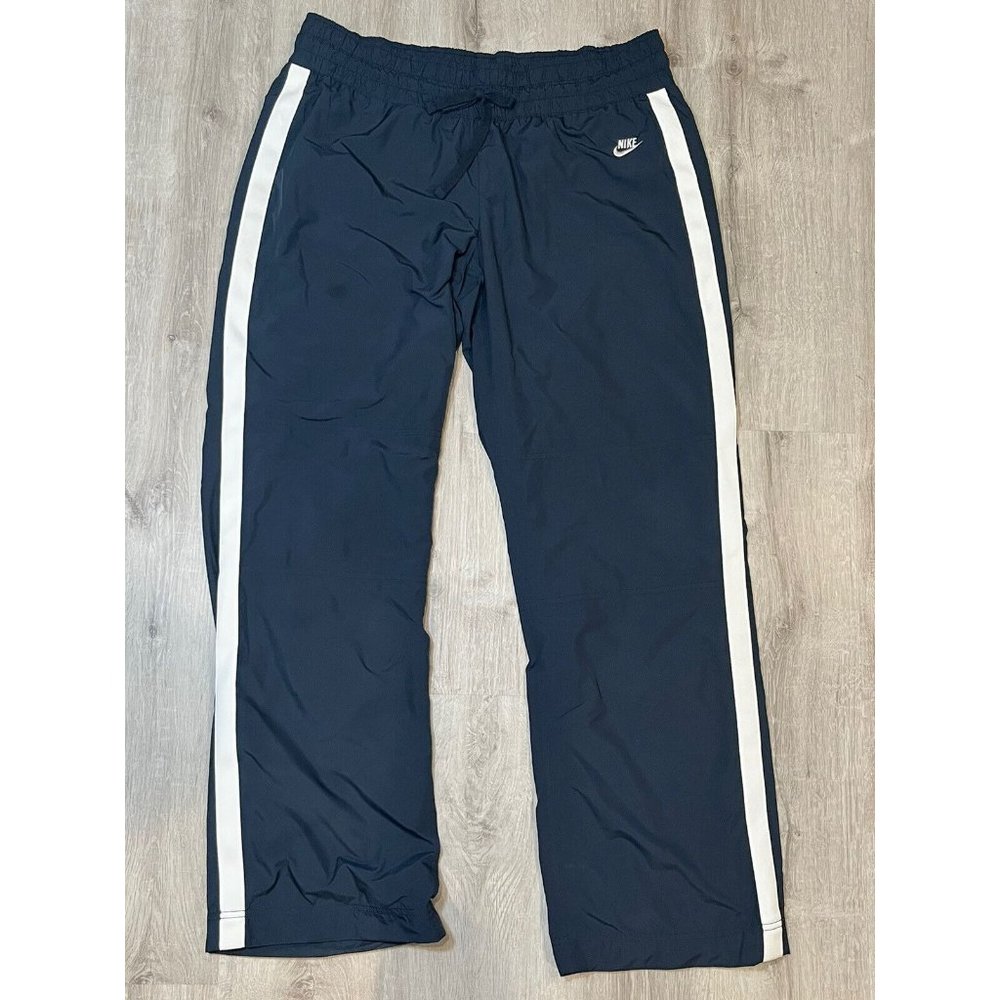 Nike Womens Pants XL Navy White Stripe Track Swish Drawstring‎ Sports Logo